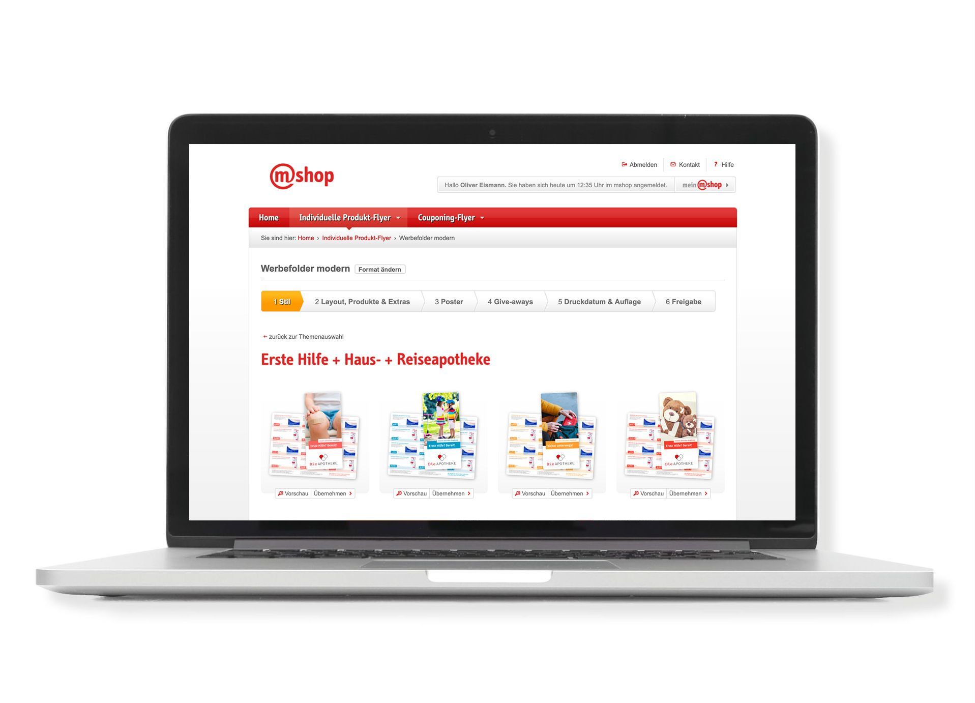 Laptop mit geöffneter mshop-Webseite zur Erstellung individueller Produkt-Flyer für Erste Hilfe, Haus- und Reiseapotheke