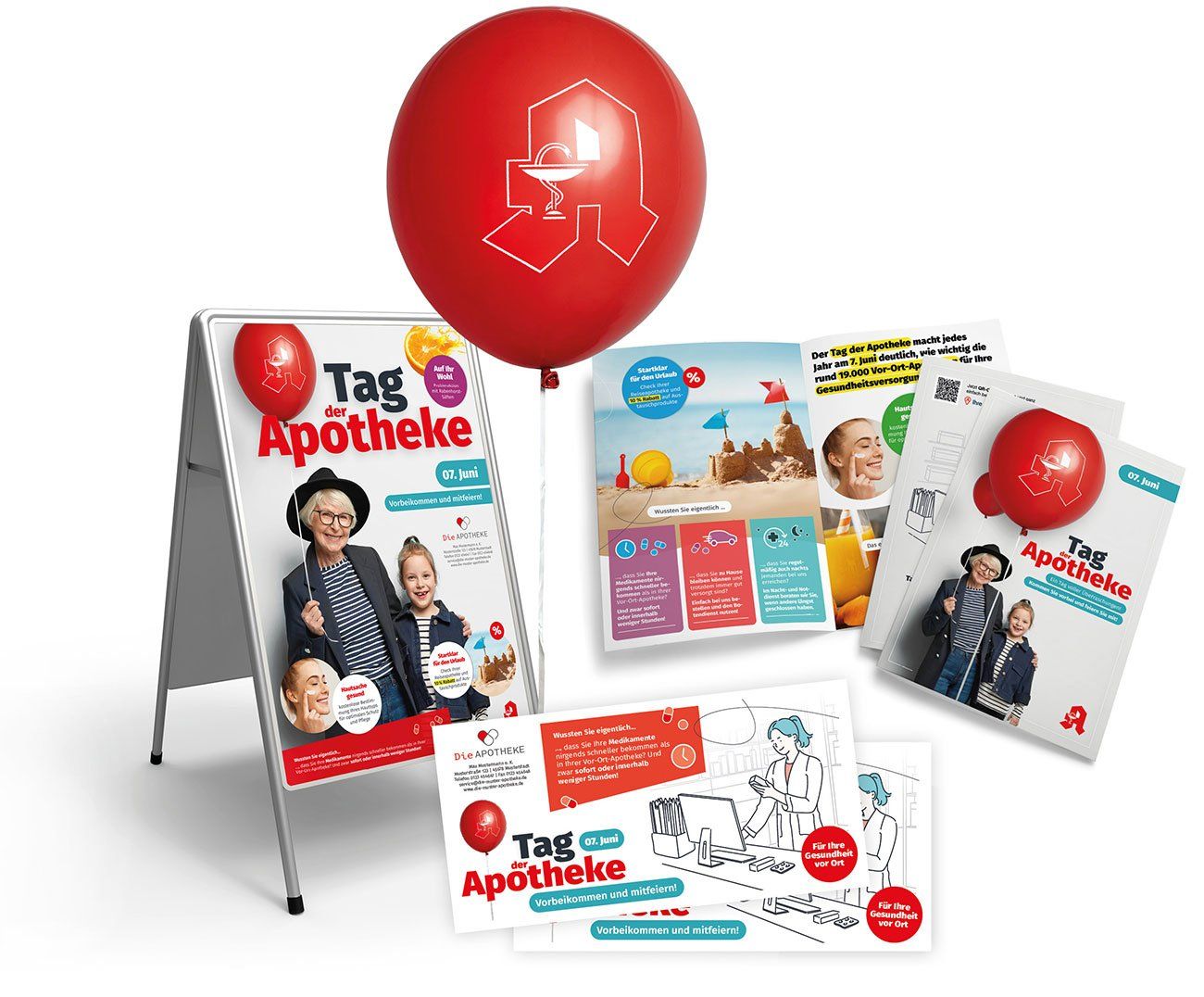 Apotheken-Werbematerialien zum Tag der Apotheke mit Plakat, Ballon, Flyern und Broschüren