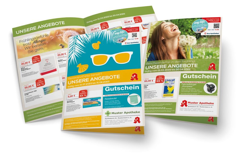 Apotheken-Werbebroschüren mit saisonalen Angeboten, Gutscheinen und Gesundheitstipps zu Allergie und Reiseapotheke