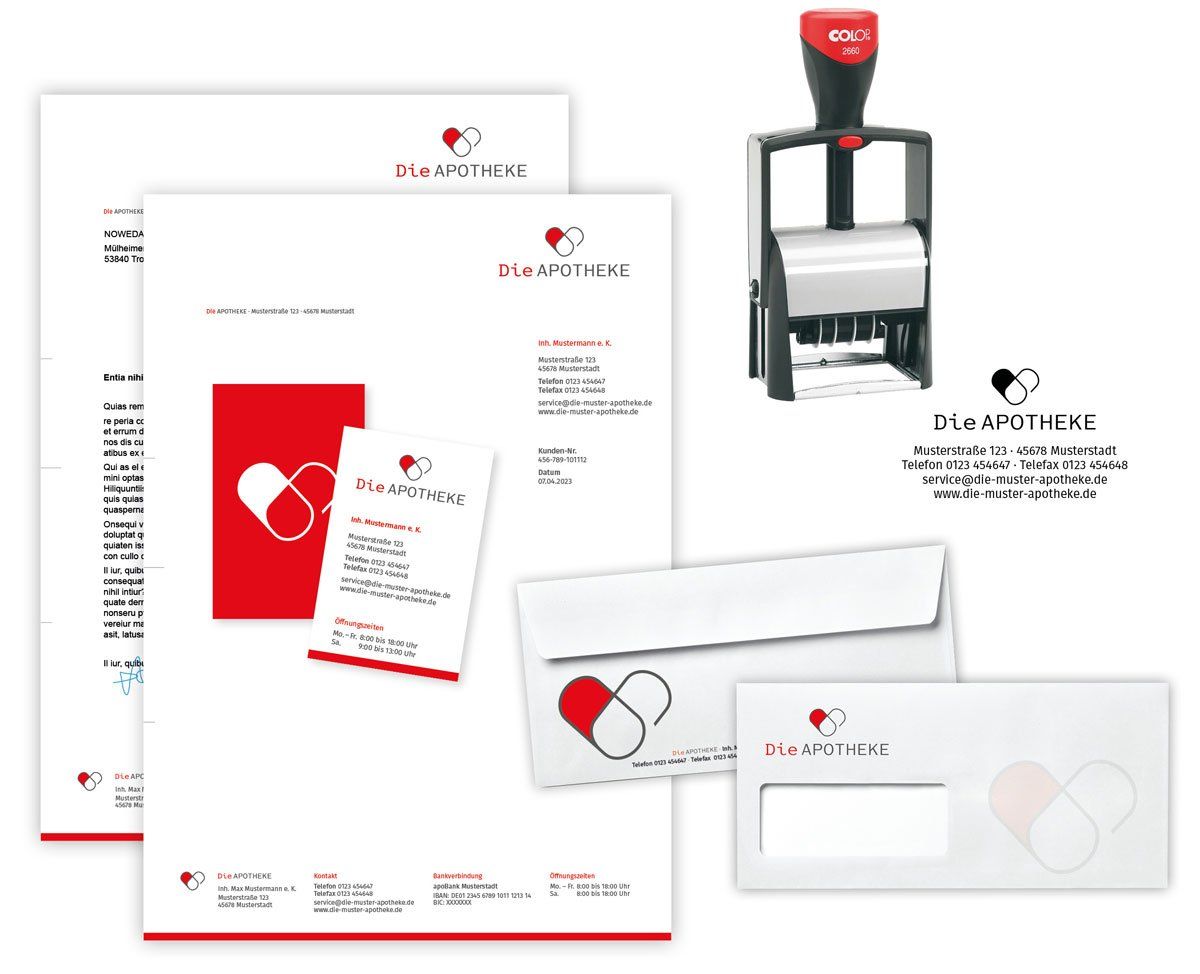 Apotheken-Geschäftsausstattung mit Briefpapier, Visitenkarten, Briefumschlägen und Firmenstempel im Corporate Design
