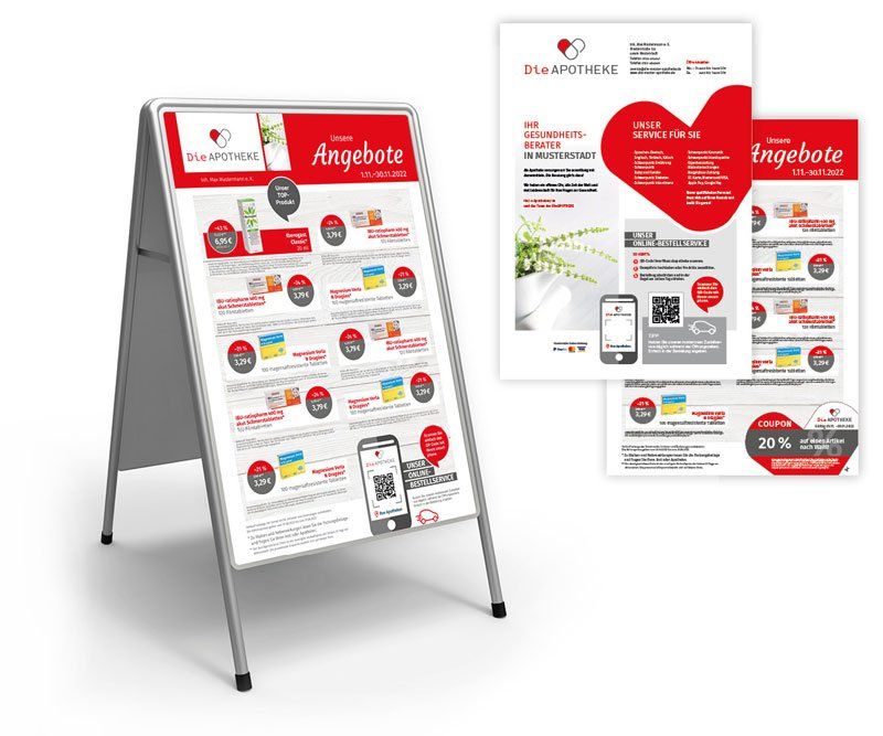 Apotheken-Werbeplakate und Angebotsflyer auf Kundenstopper mit Rabattaktionen und Service-Hinweisen