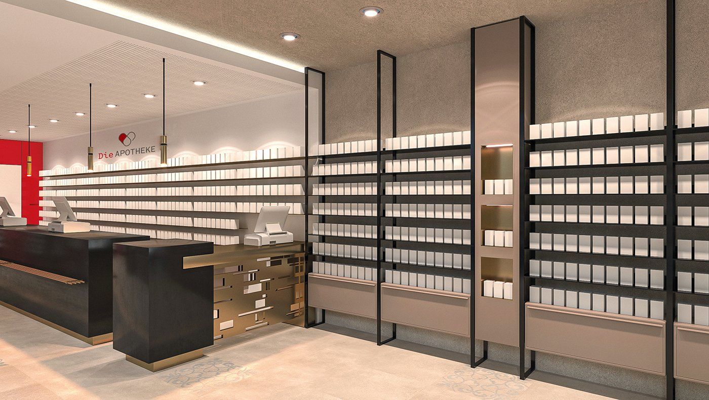Moderne Apothekeneinrichtung mit Sichtwahlregalen, Verkaufsfläche und Kassensystemen im Verkaufsraum