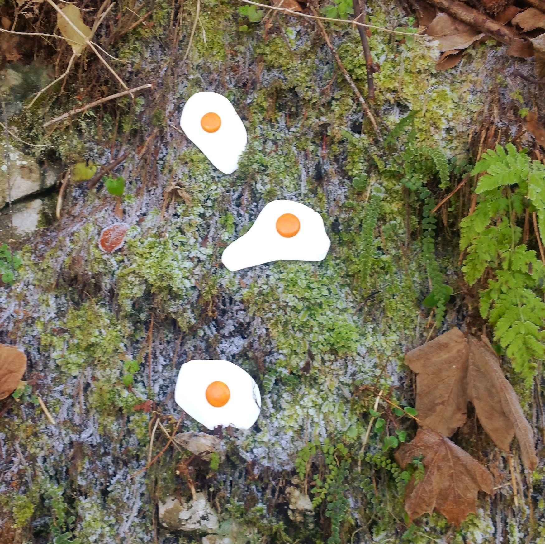 Das Bild zeigt Pop Art Spiegeleier-Skulpturen von Bildhauer und Künstler Oliver Pohl aus Haste bei Wunstorf in einer Winterlandschaft mit Schnee.