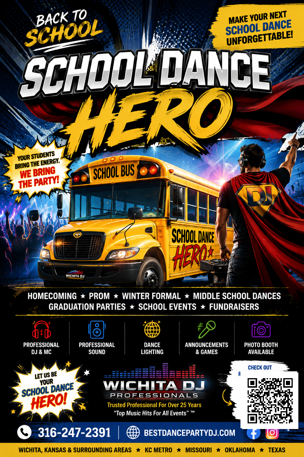 School Dance Hero school dance DJ with school bus back to school event in Wichita Kansas, Dance Hero
