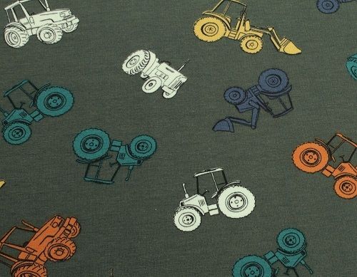 Ökologische Kinderkleidung | Designer Kinderstoffe - Mini Tilli by Sonja Stretchjersey Hoffahrzeuge olive