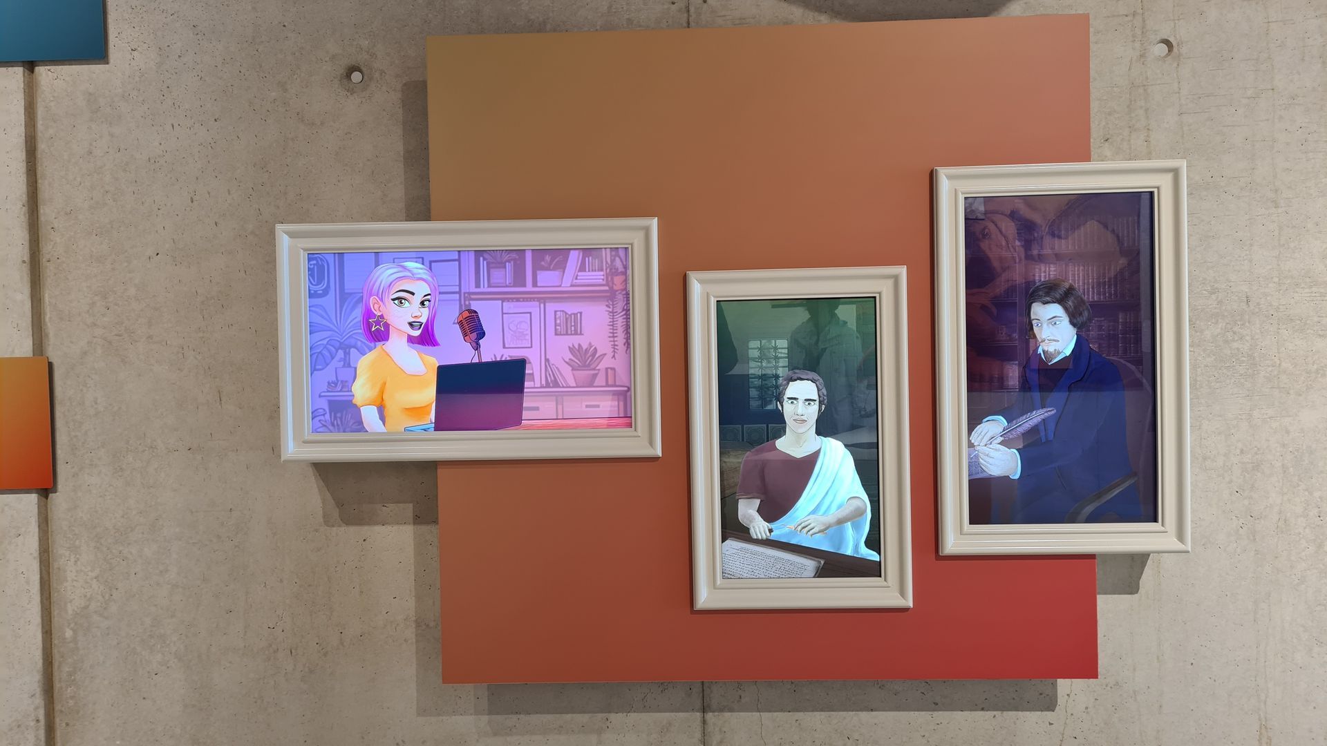 Drei kleine Monitore in Bilderrahmen auf einer roten Hintergundtafel. links eine gezeichnete Frau im Comicstil. rechts daneben zwei Männer in historischen Kleidern.