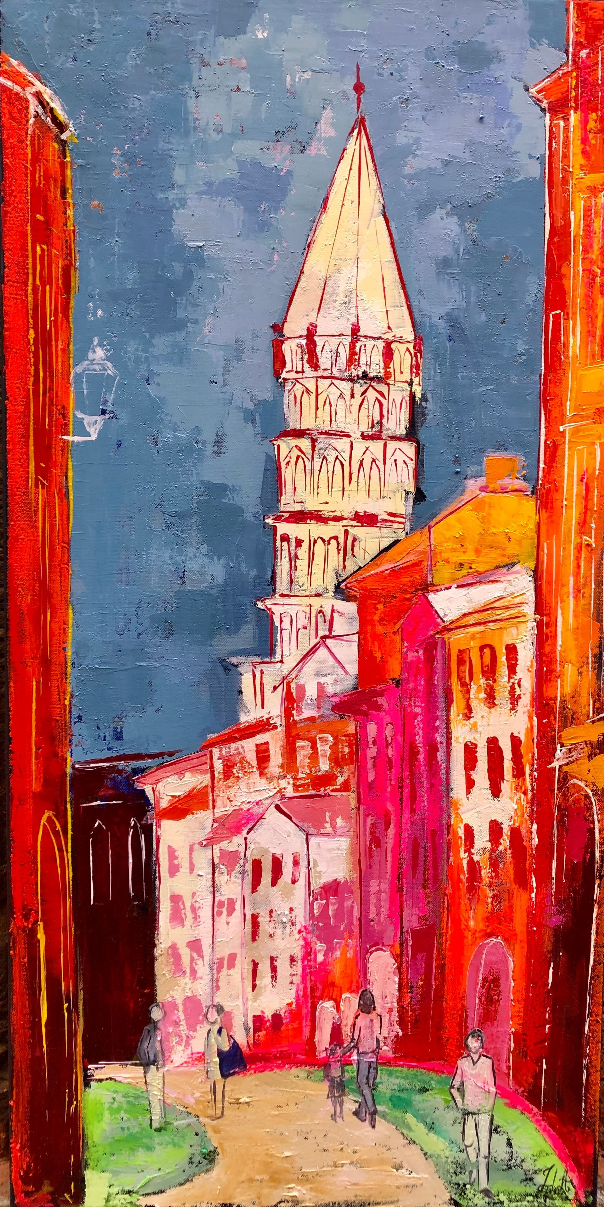 Vue de Toulouse peinte par Julie d'Aragon artiste peintre toulousaine.Marcher vers Saint-Sernin dans cette rue si ancienne et si animée est un grand plaisir. Au fur et à mesure que l’on s’avance, la basilique se découvre à nous, à la fois simple et complexe, mais surtout témoin et actrice de l’histoire de la Ville rose. cadeau de noel toulouse,