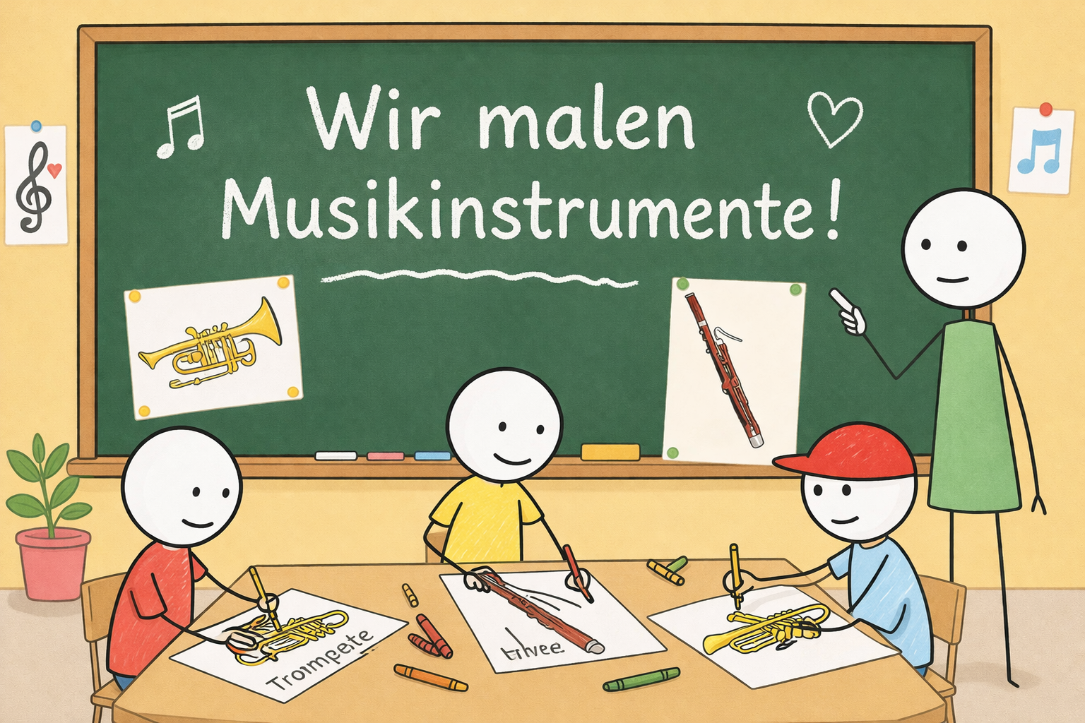 Kinder im Klassenzimmer malen Musikinstrumetenbilder aus.