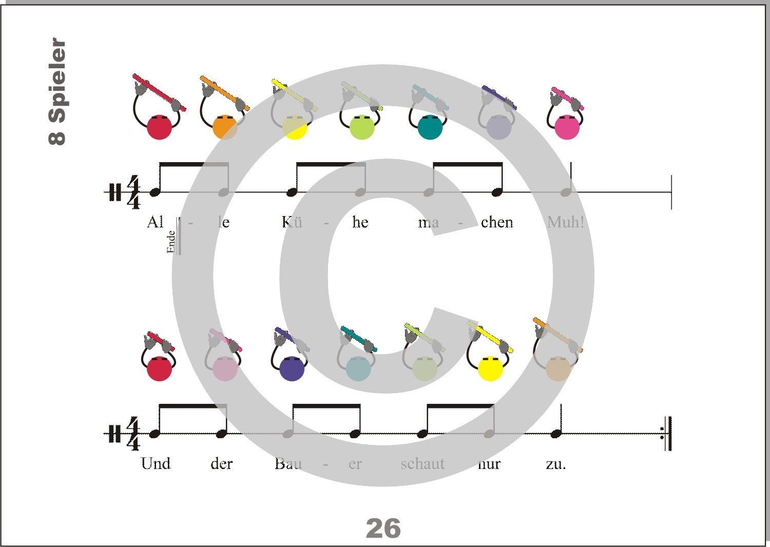 Notenblatt mit Boomwhackers Rhythmen, die durch Bildsymbole sehr einfach gespielt werden können
