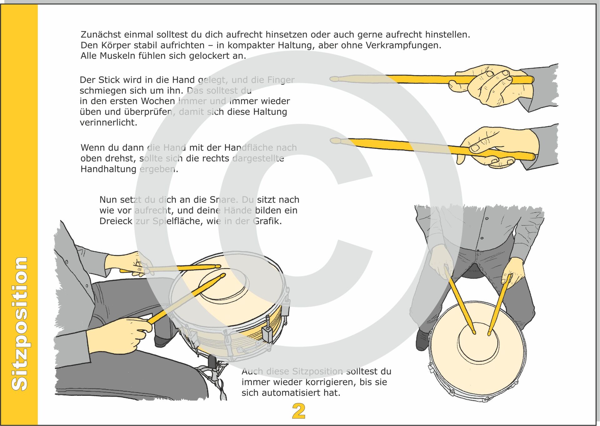 Die richtige Sitzhaltung und Stickhaltung beim Trommeln auf der Snare Drum