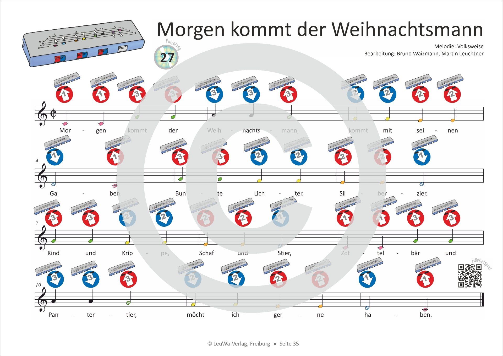 Morgen kommt der Weihnachtsmann | Weihnachtslied für die Mundharmonika |  Noten mit Bildsymbolen