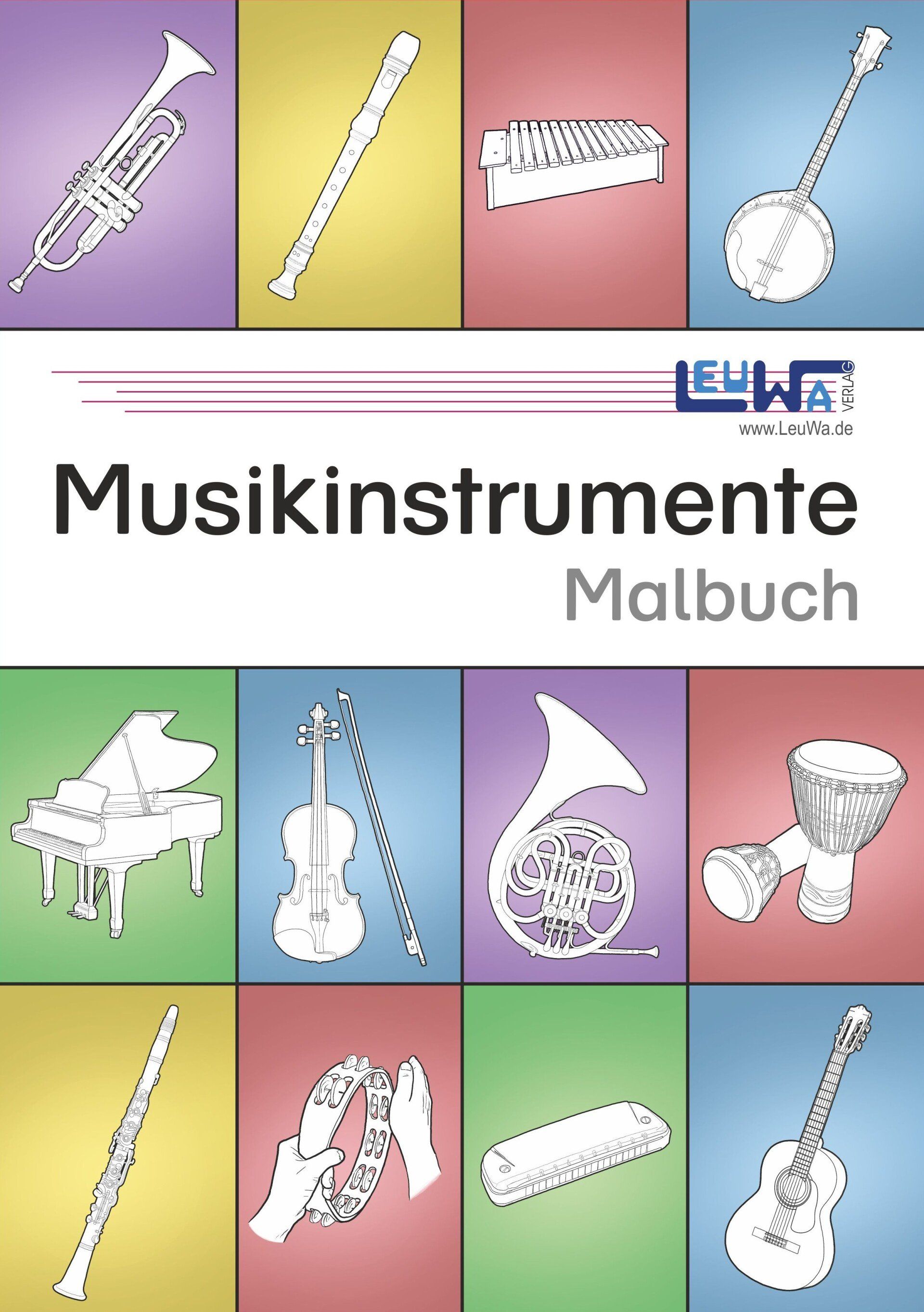 Musikinstrumente Malbuch mit exakt gezeichneten und realistischen Instrumentenausmalbilder für die Instrumentenkunde