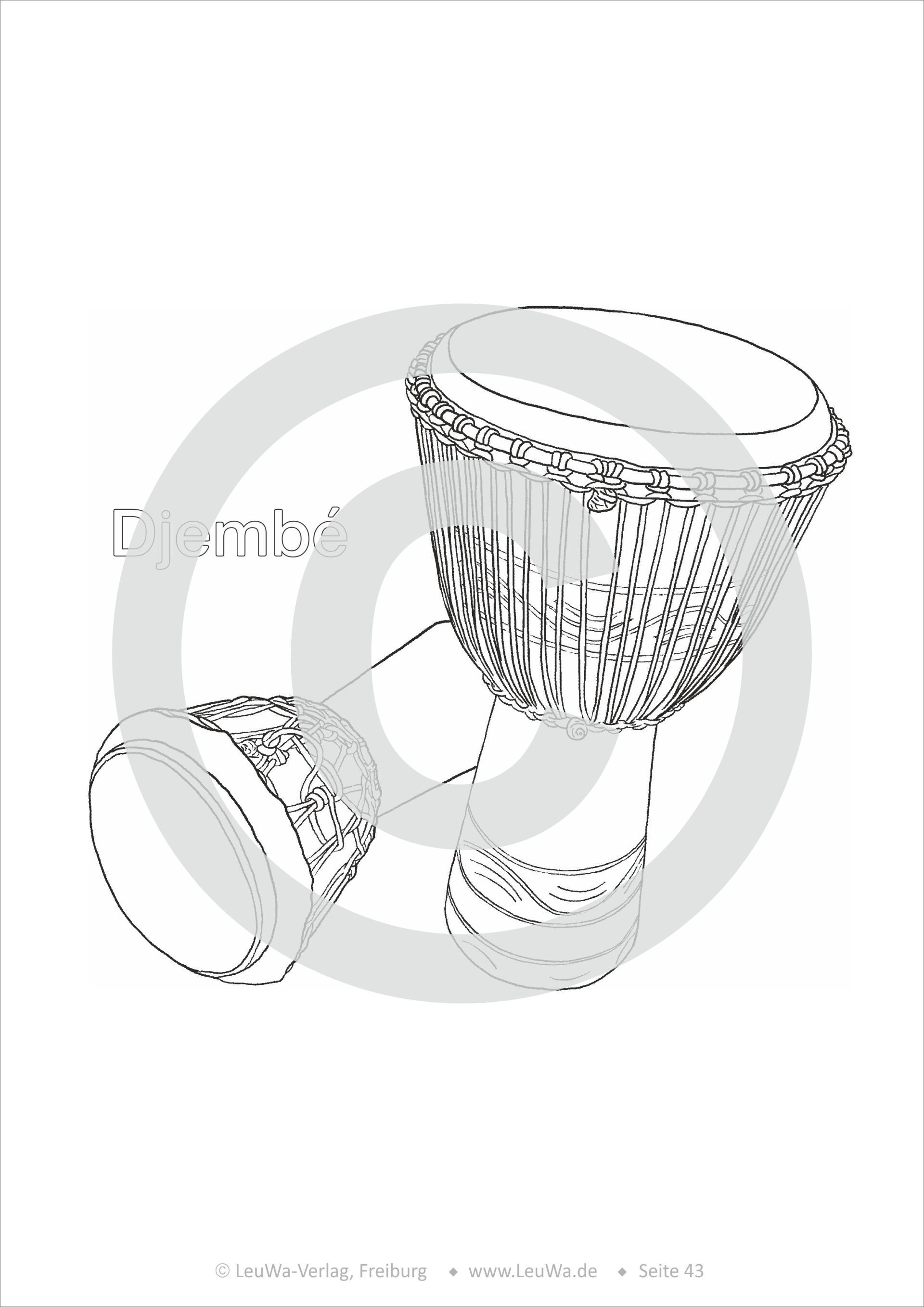 Musikinstrumente Ausmalbilder technisch genau und realistisch gezeichnet | Percussion Instrumente | Malvorlage PDF für Djembé