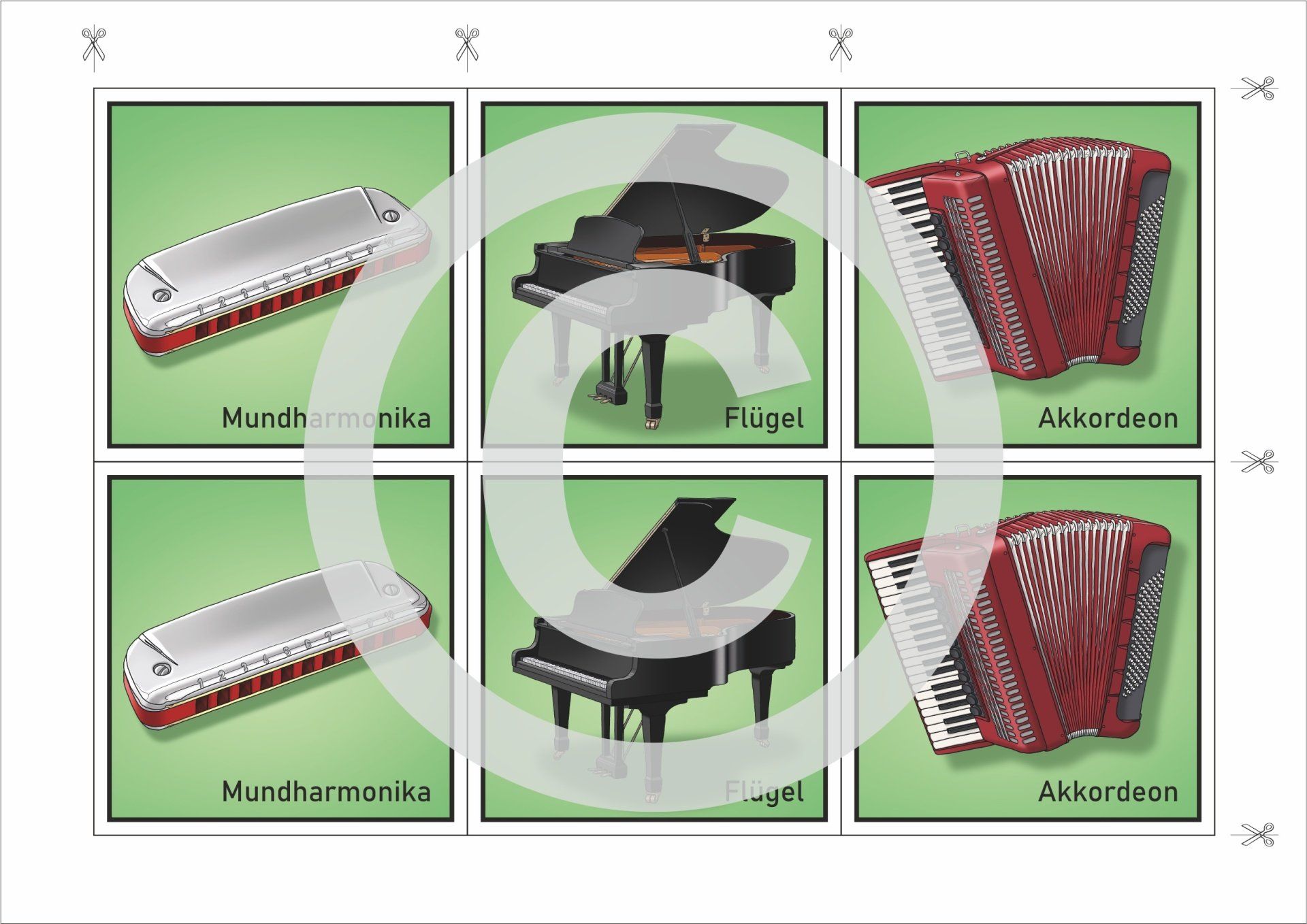 Musikinstrumente technisch genau und realistisch gezeichnet auf Karten für ein MEMO Legespiel | Harmonika- Tasteninstrumente