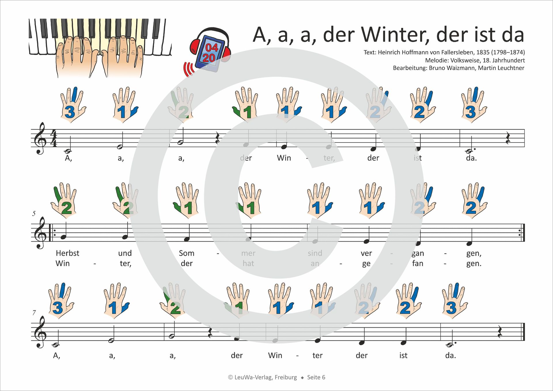 Noten mit Bildsymbolen für Klavier und Keyboard ohne Notenkenntnisse spielbar | Kinderlieder | A, a, a, der Winter der ist da