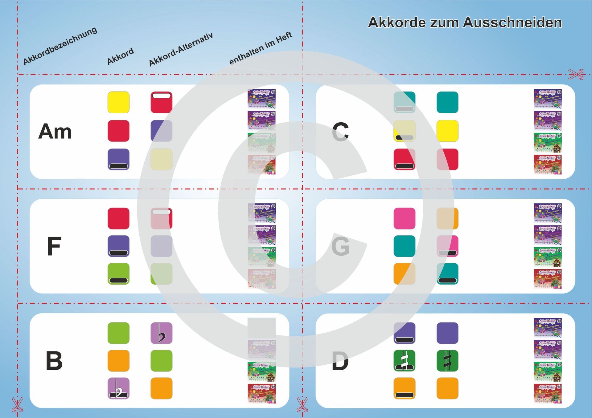 Akkorde für Rainbow Instrumente wie Soundbellows und Boomwhackers und Tischglocken oder Handbells