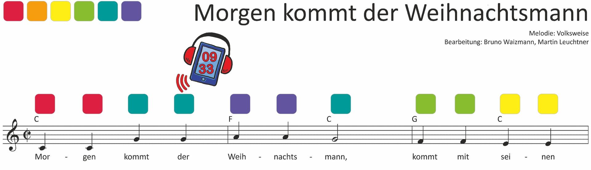 Notenblatt Auszug Weihnachtslied mit bunten Noten für Soundbellows und Boomwhackers