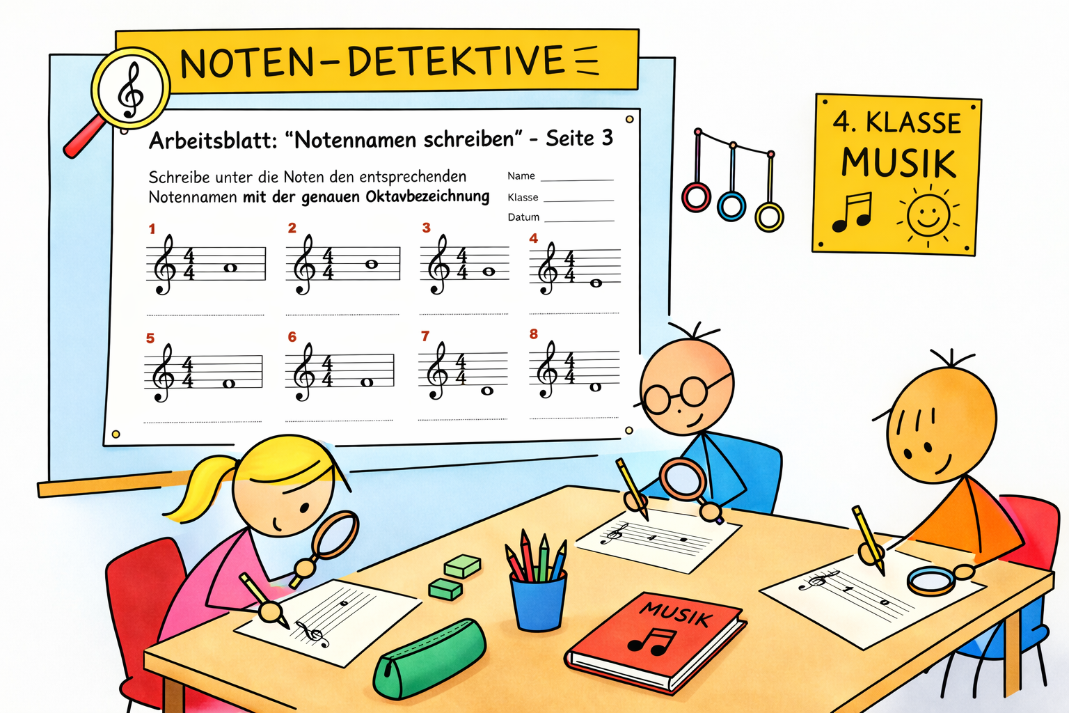 Schüler schreiben Notennamen auf Arbeitsblättern im Musikunterricht der Grundschule