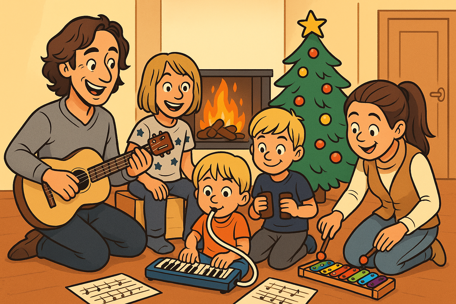 Eine Familie musiziert nach den Noten vom LeuWa-Verlag | Cartoon