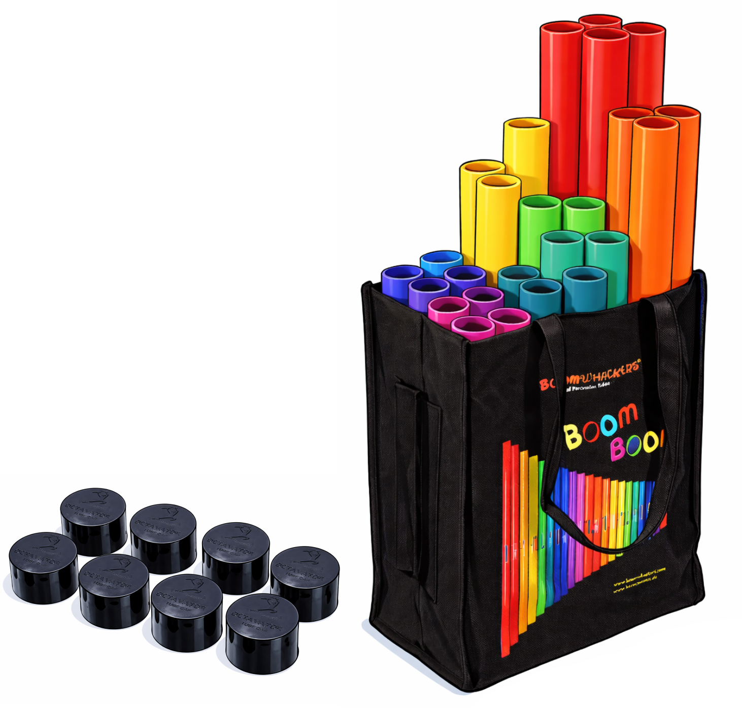 Tasche mit Boomwhacker Set Chromatisches Boomwhacker Set mit mehreren Oktaven und Oktavkappen