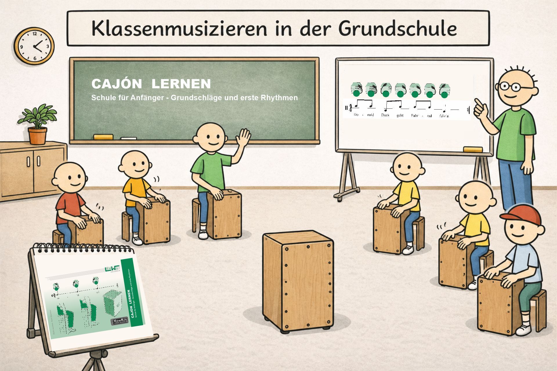 Klassenmusizieren mit Cajón, Kinder spielen Cajón im Grundschulunterricht und lernen Rhythmus durch