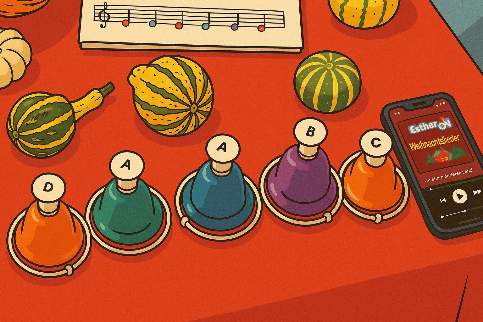 Deskbells auf einem Tisch mit Kürbisdekoration und einem Notenblatt zum Spielen von Weihnachtslieder