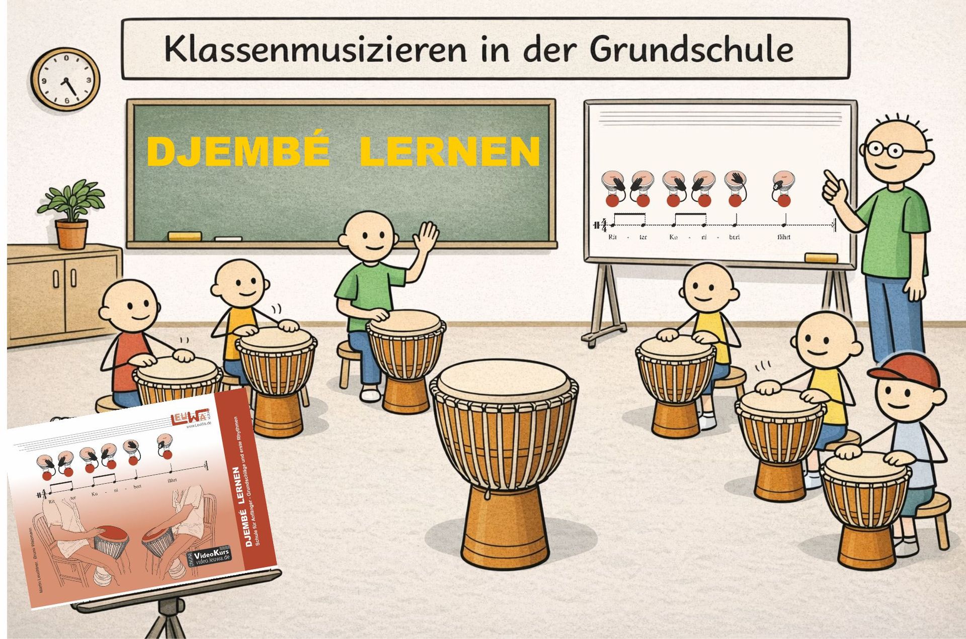 Djembe lernen: Cartoon mit Kinder in einem Klassenzimmer die auf der Djembe trommeln