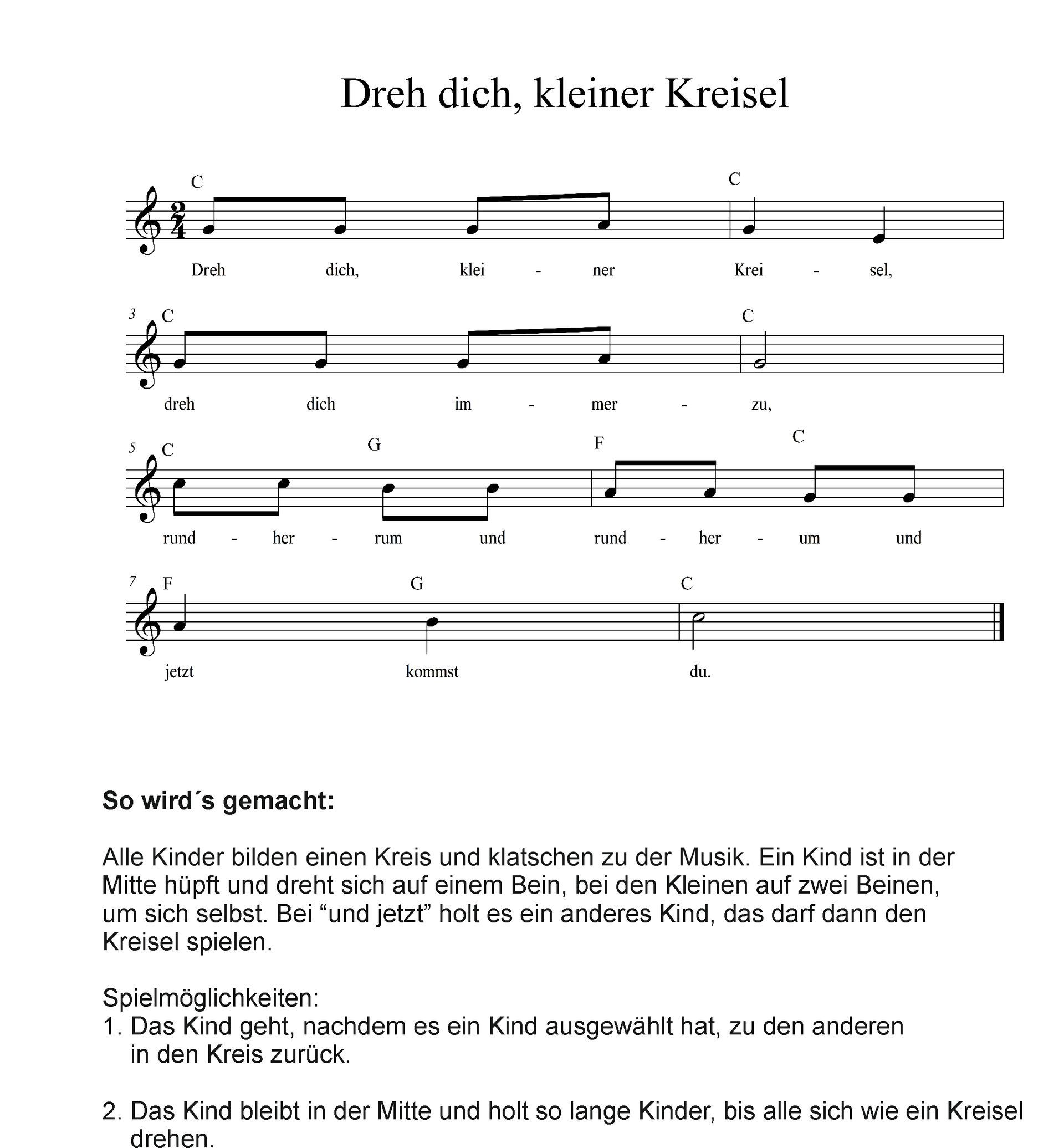 Noten für das Bewegungsspiel mit Text