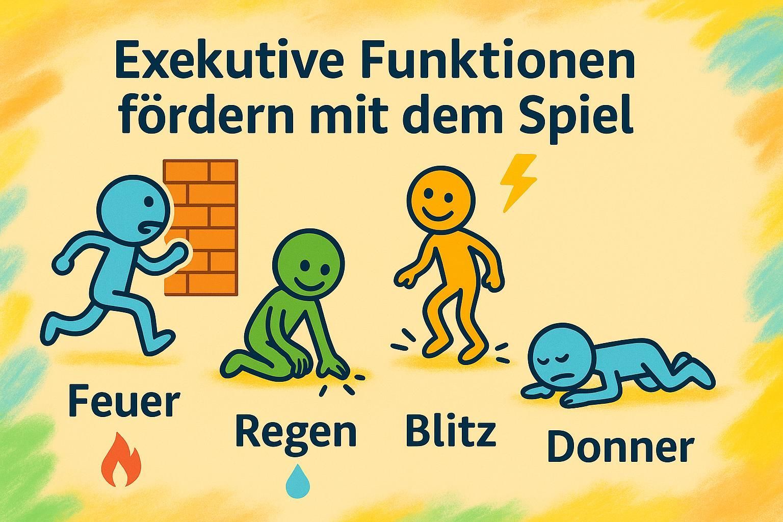 Strichmännchen die bei Feuer laufen, bei Regen mit den Fingern auf den Boden tippen