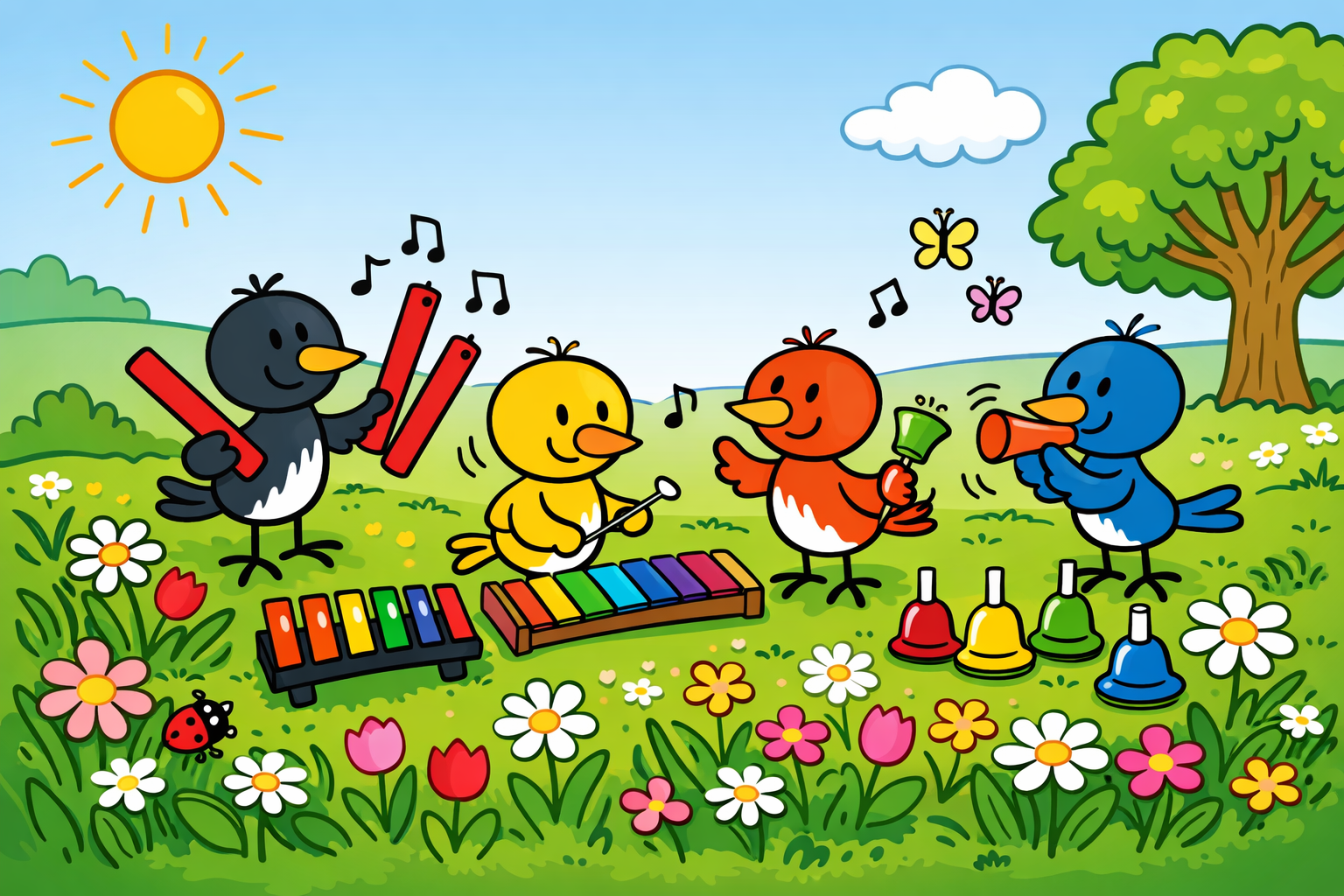 Fröhliche Strichmännchen-Vögel auf einer bunten Frühlingswiese mit Blumen und Sonne spielen Rainbow