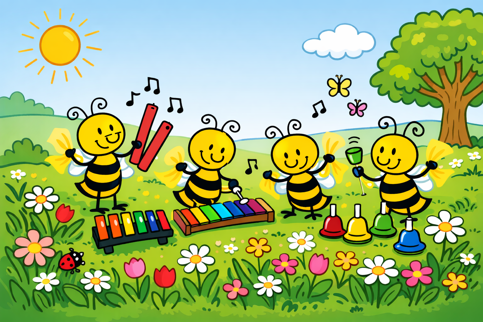 Fröhliche Strichmännchen-Bienen auf einer bunten Frühlingswiese mit Blumen und Sonne spielen Rainbow