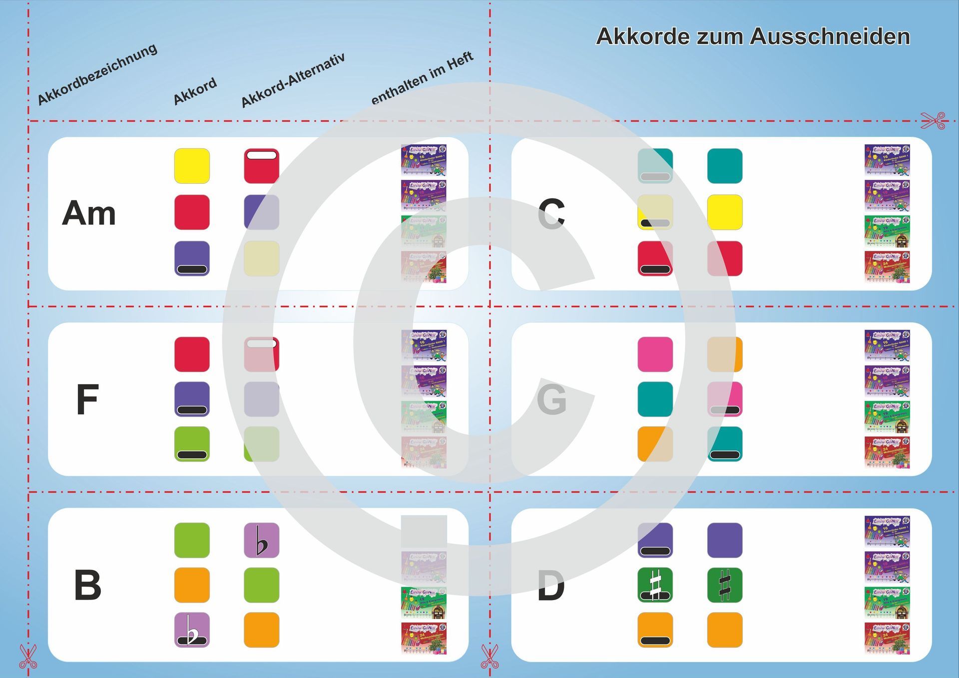 Akkordübersicht zur Liedbegleitung mit Soundbellows®, Boomwhackers® oder anderen Rainbow Musikinstrumenten