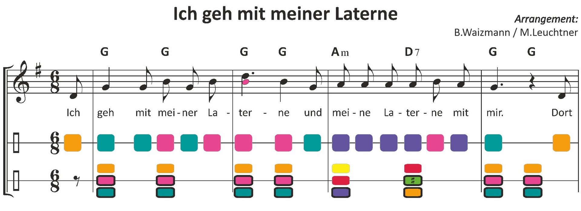Notenauszug (Ich geh mit meiner Laterne) mit Akkorden, Melodie und Boomwhackers Farben für Rainbow Instrumente