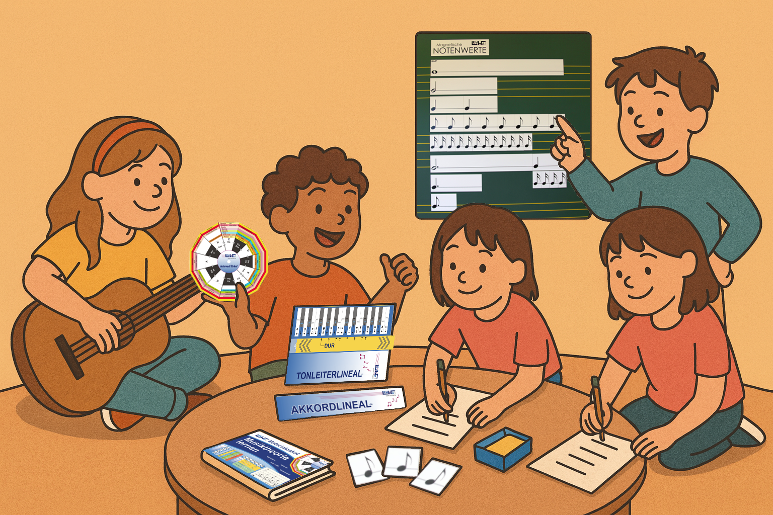 Cartoon mit Kindern die Musiktheorie lernen