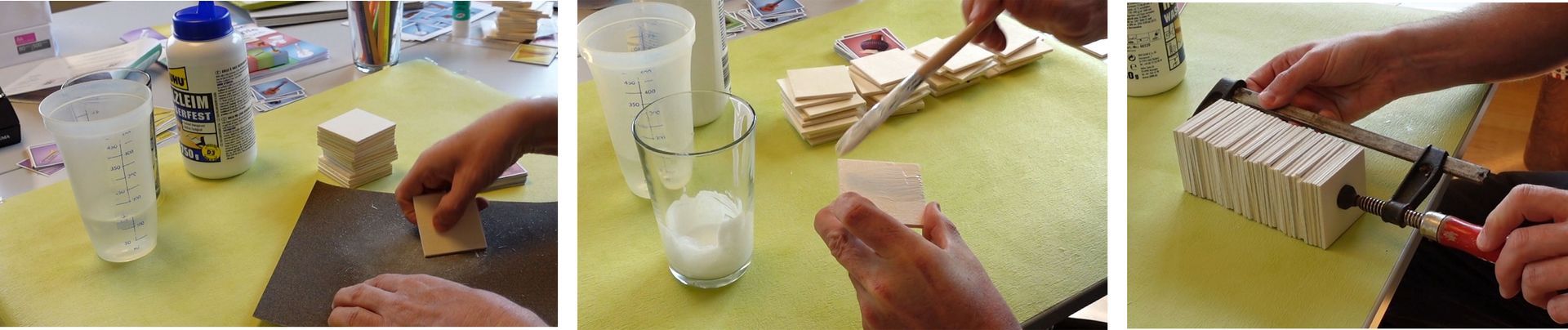 Anleitung zum Basteln eines Memo Legespiels | das Holz wird auf dieser Abbildung mit Holzleim bestrichen