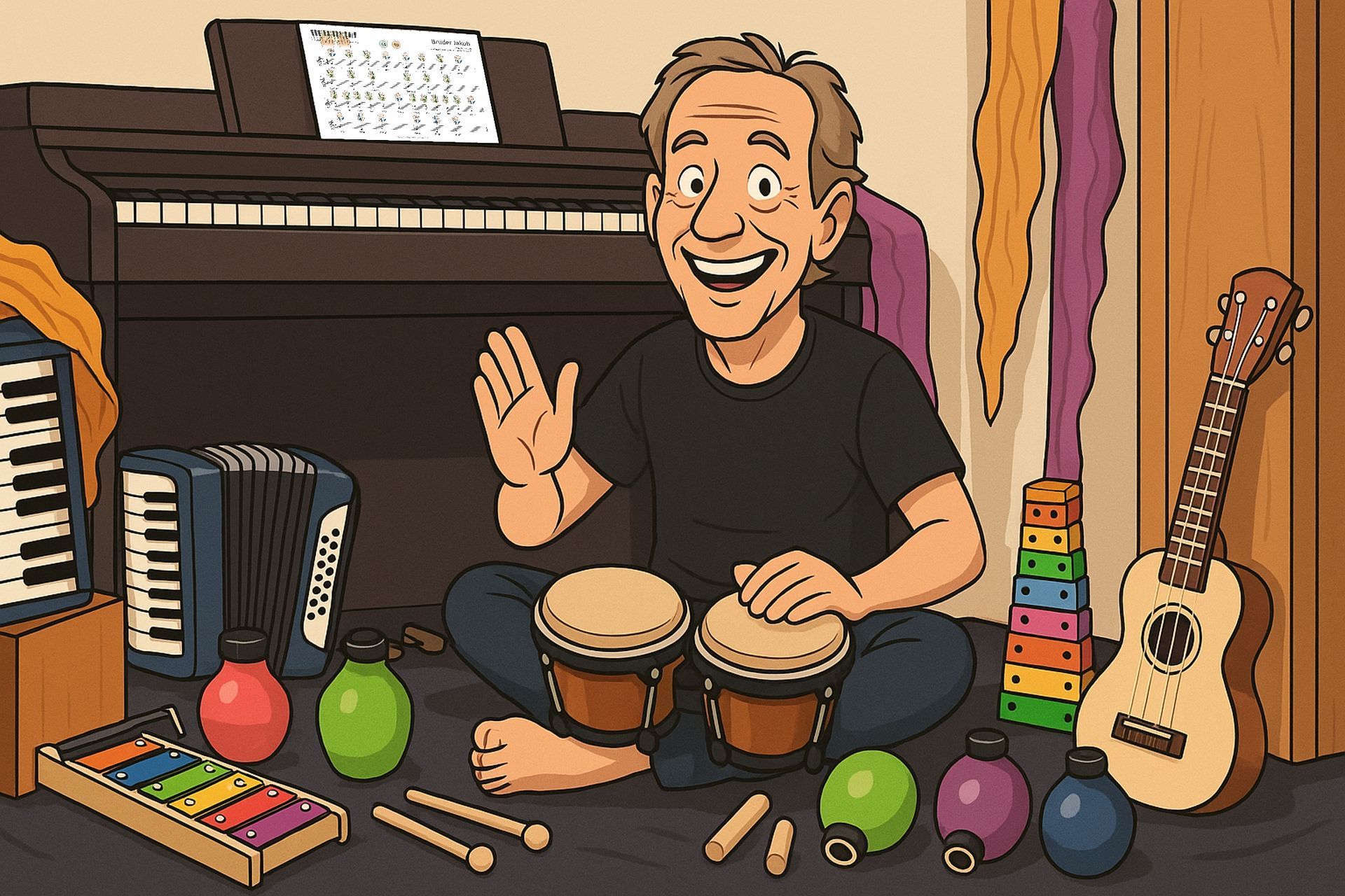 Cartoon von einem Musiklehrer, der auf Bongos und Rainbow-Instrumenten musiziert