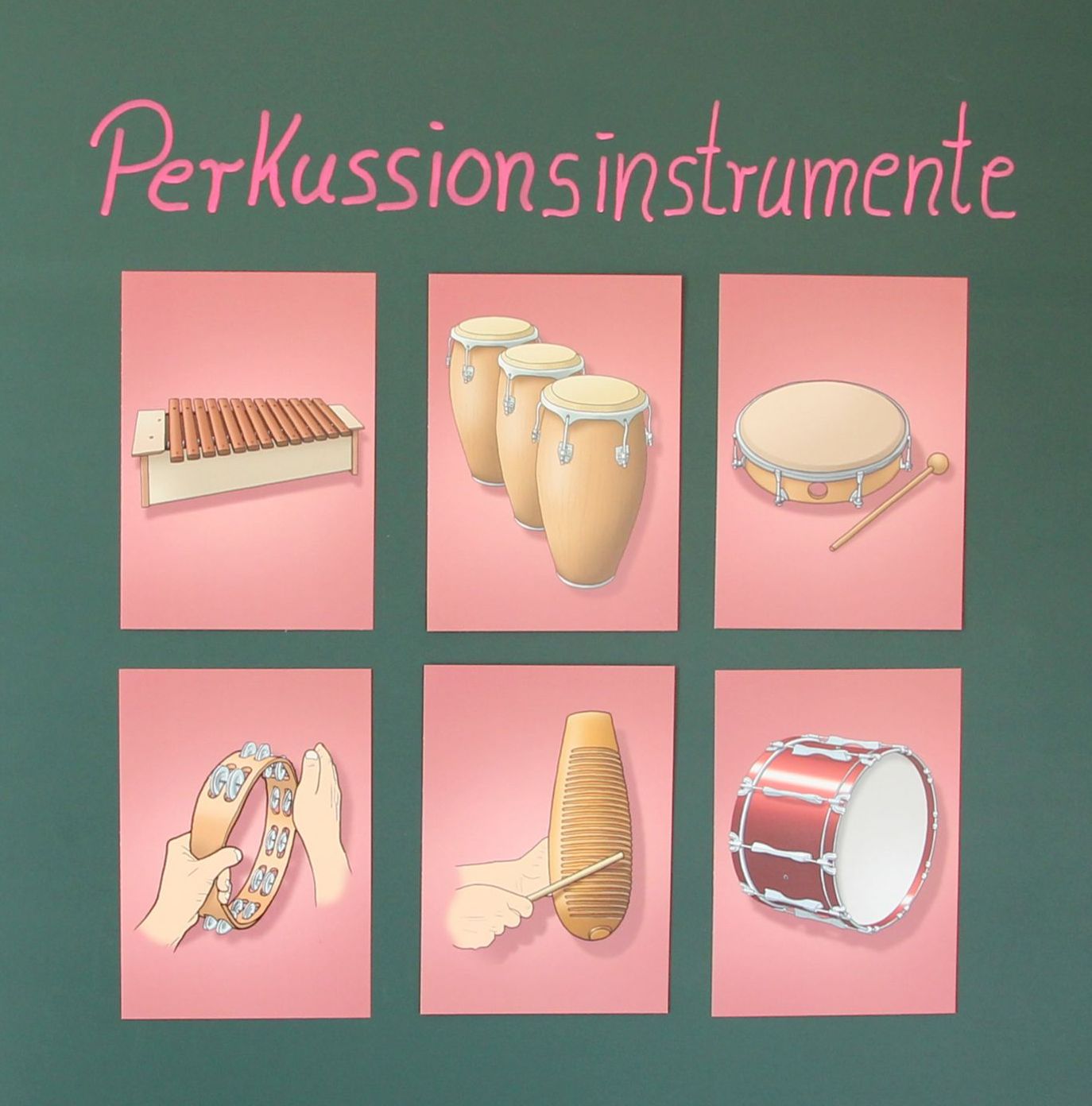 Musikinstrumente technisch genau und realistisch gezeichnet auf Karten | Perkussionsinstrumente | Xylofon, Congas, Guiro