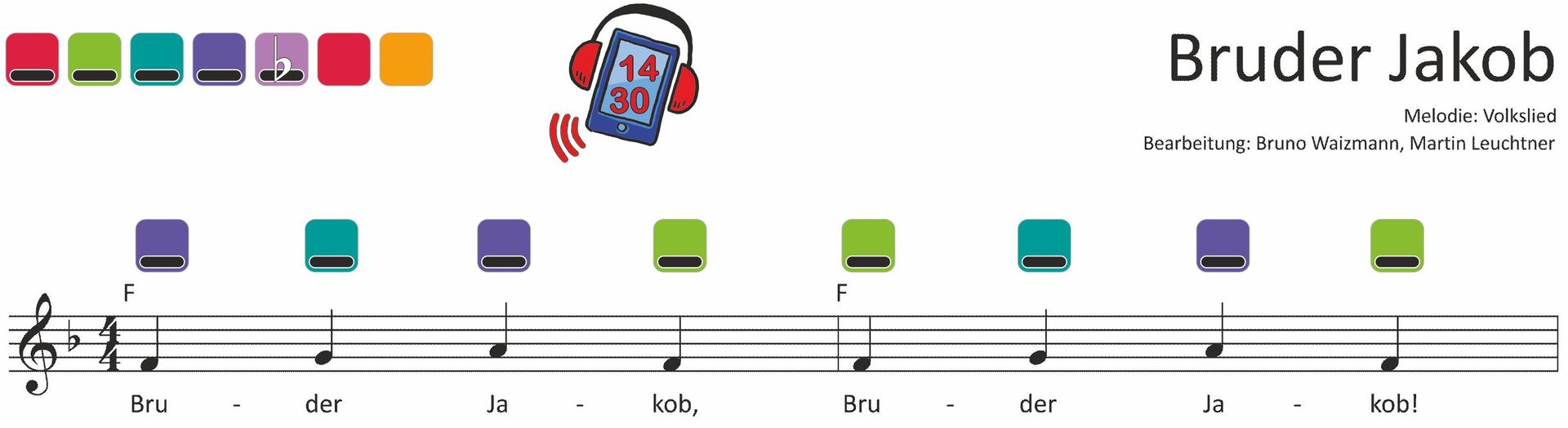 Notenblatt Auszug Kinderlied mit bunten Noten für Soundbellows und Boomwhackers