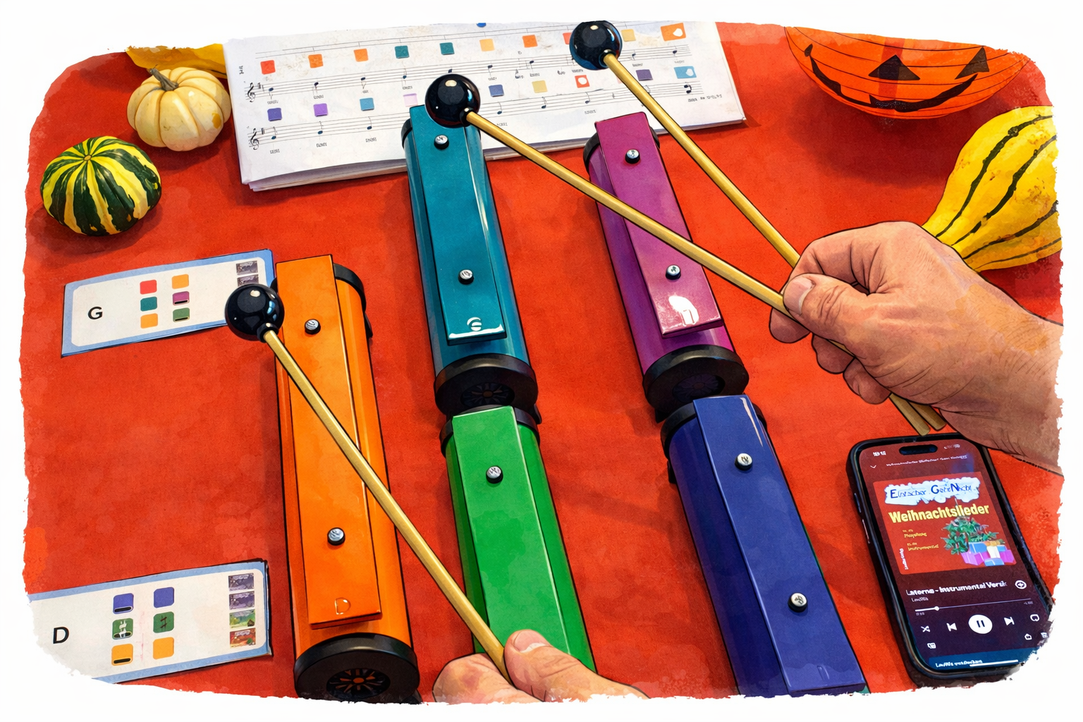 Round Sound Tubes die mit Schlägeln gespielt werden.