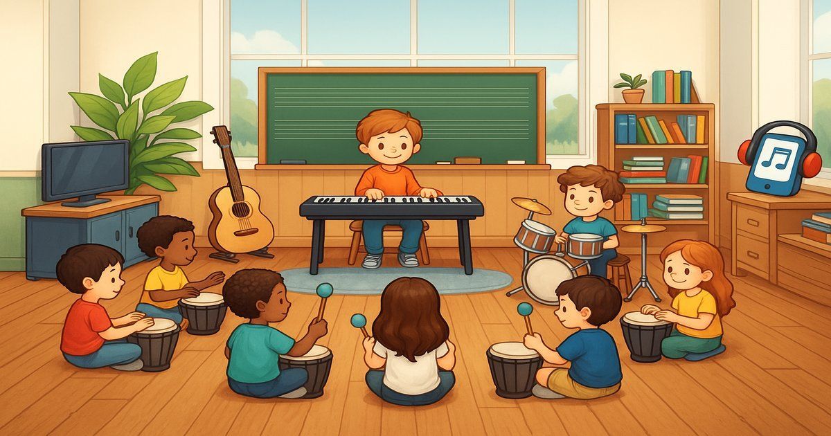 Kinder in der Kita musizieren gemeinsam | Cartoon in einem Gruppenraum mit Tafel im Hintergrund