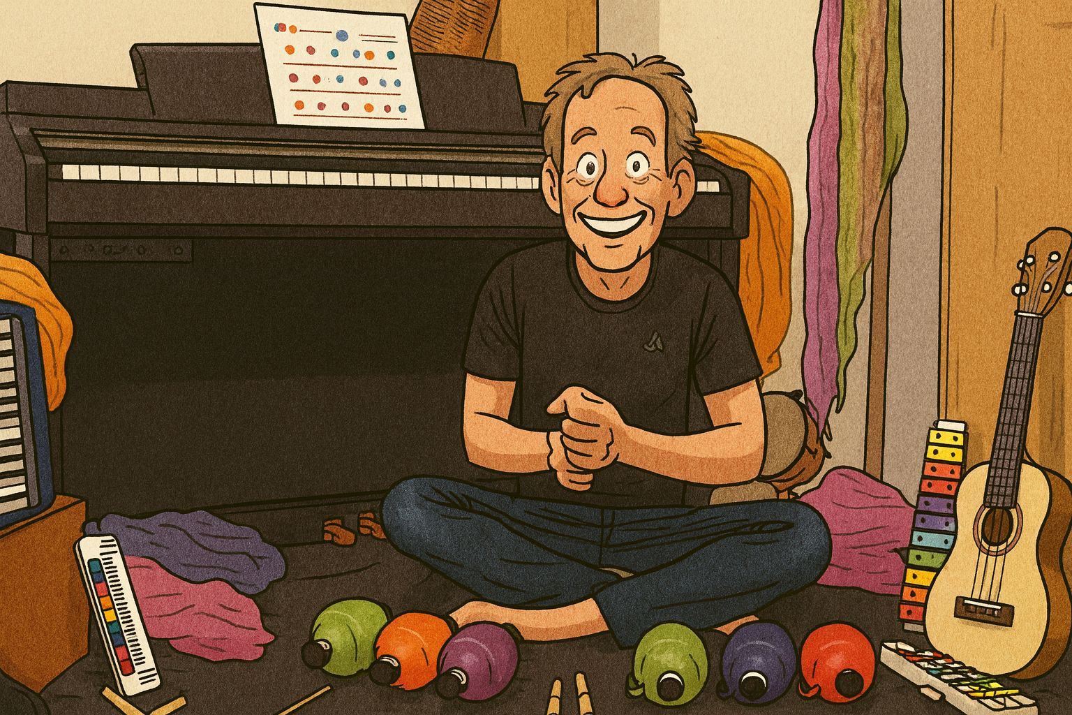 Cartoon Arrangement von Bongos, Glockensiel und Boomwhackers mit einem Kürbis im Hintergrund