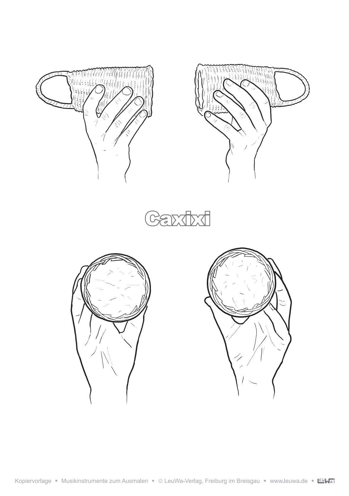 Musikinstrumente Ausmalbilder technisch genau und realistisch gezeichnet | Percussion | Malvorlage PDF für Caxixi