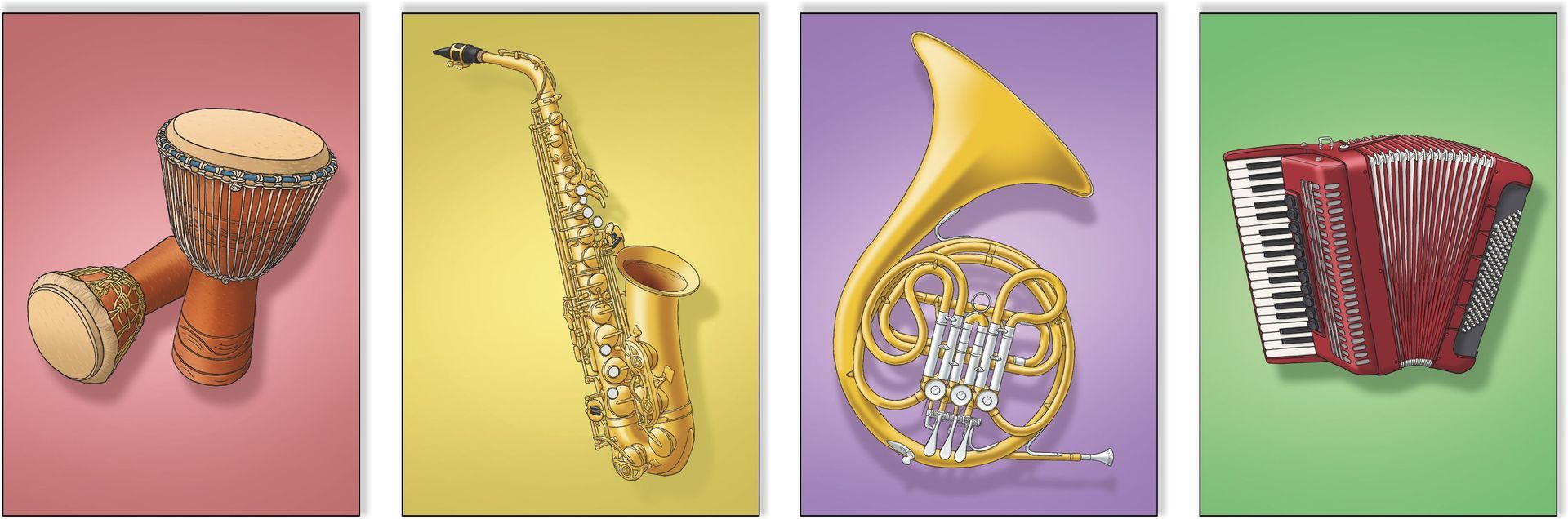 Musikinstrumente auf Karten technisch genau gezeichnete Musikinstrumentenbilder auf Karten | Djembé | Saxofon | Waldhorn | Akkordeon