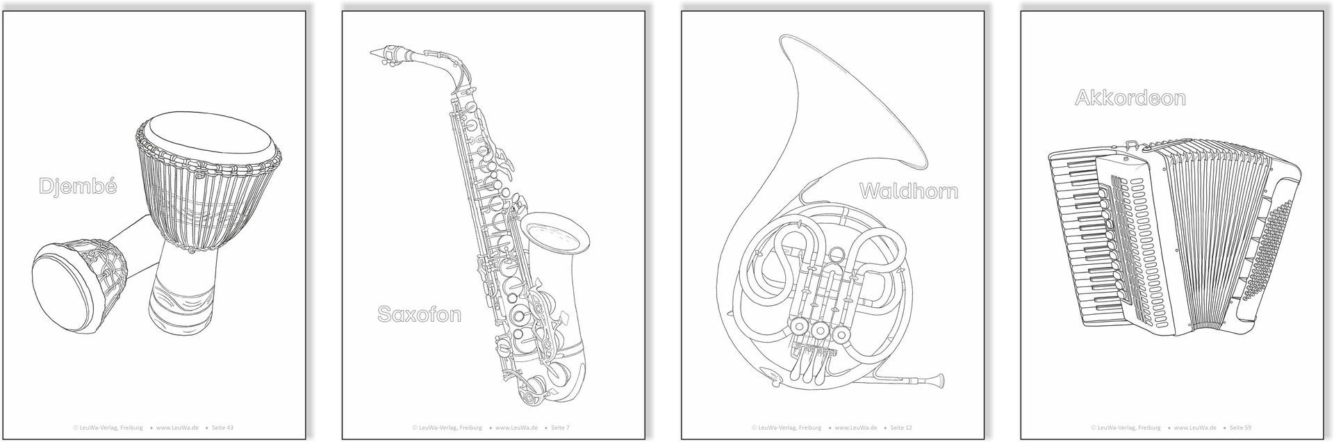 Auszug aus dem Musikinstrumente Malbuch | LeuWa Kostenlose Malvorlagen Musik | Musikinstrumente | Schule