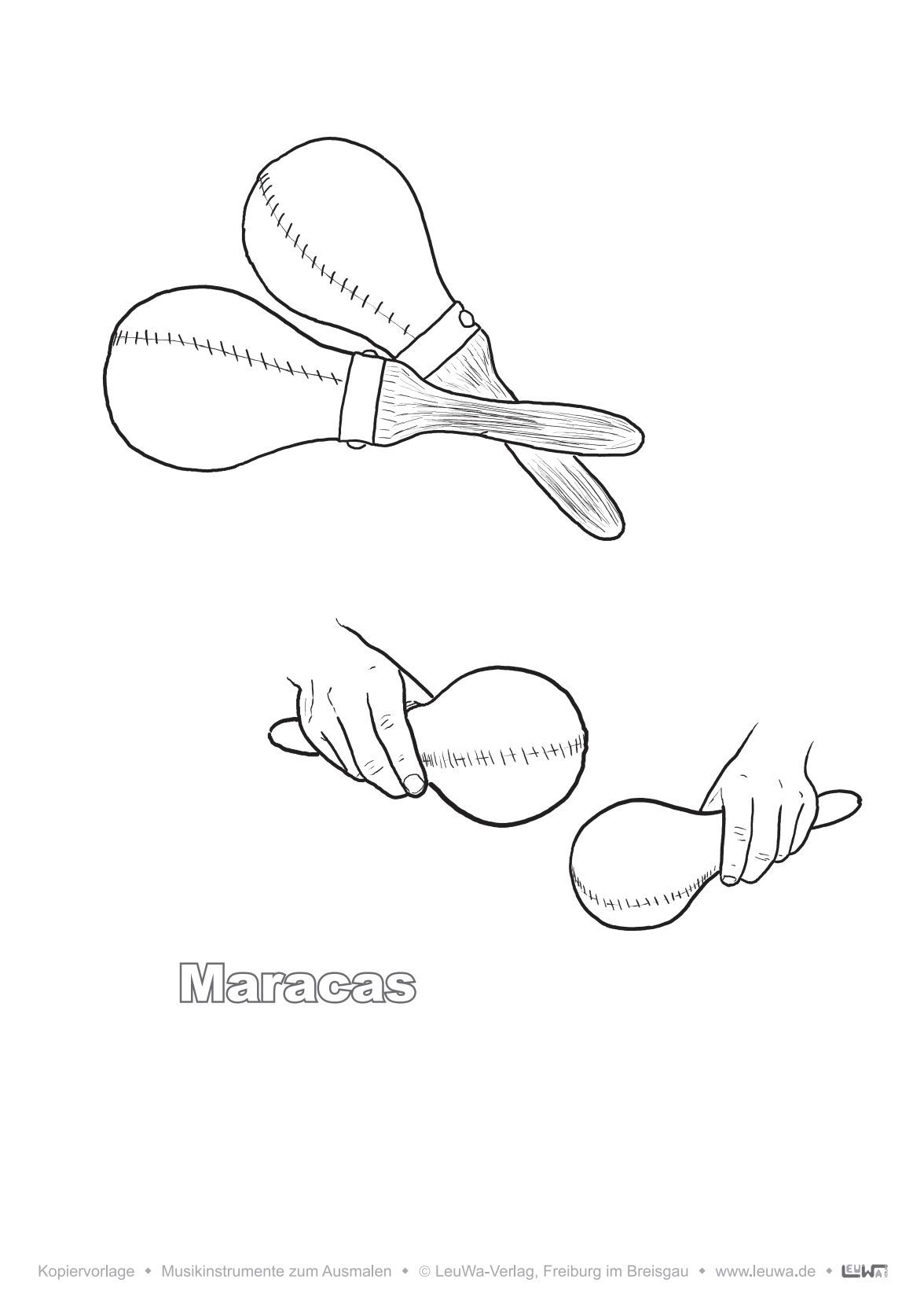 Musikinstrumente Ausmalbilder technisch genau und realistisch gezeichnet | Percussion | Malvorlage PDF für Maracas