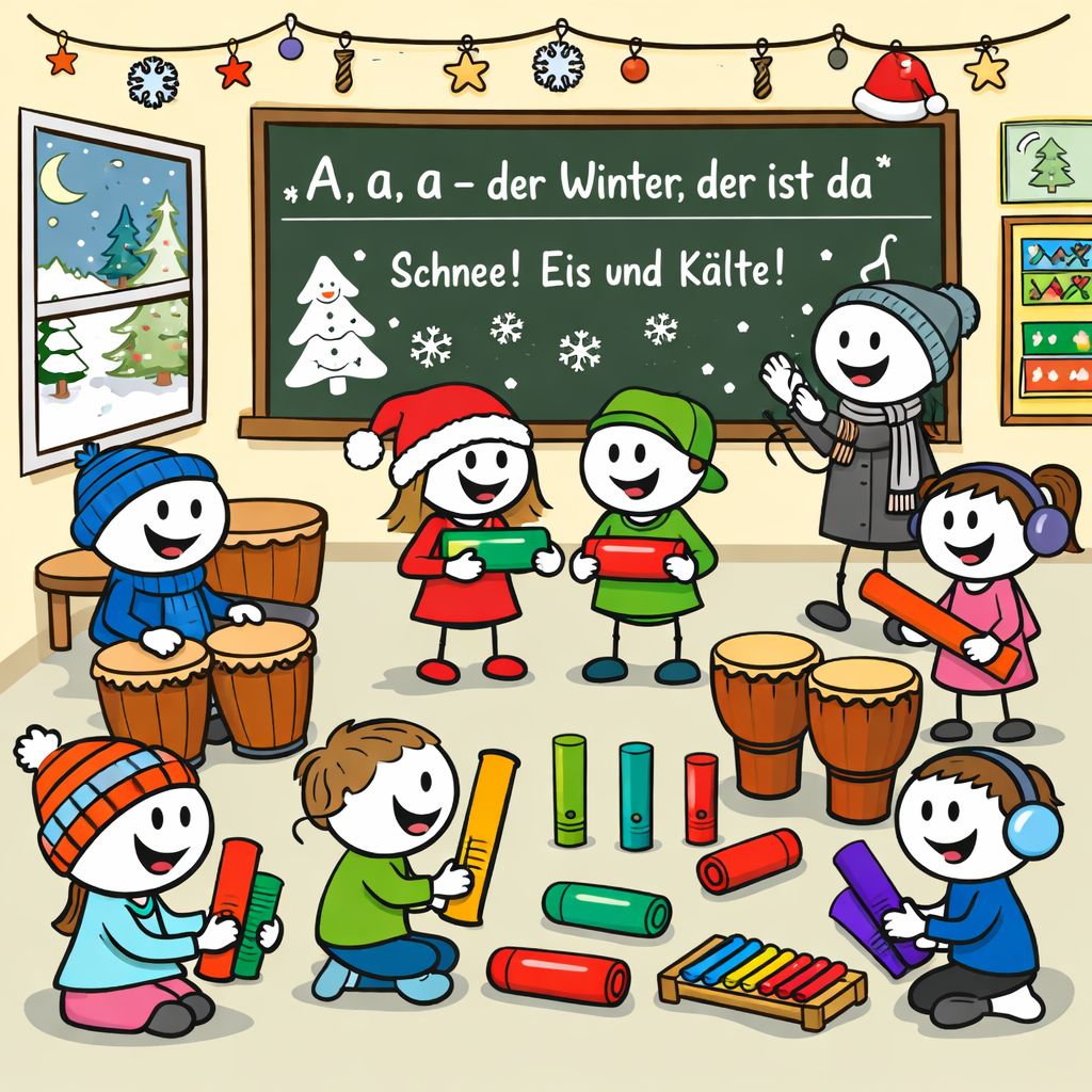 Zeichnung - Kinder musizieren Winterlied