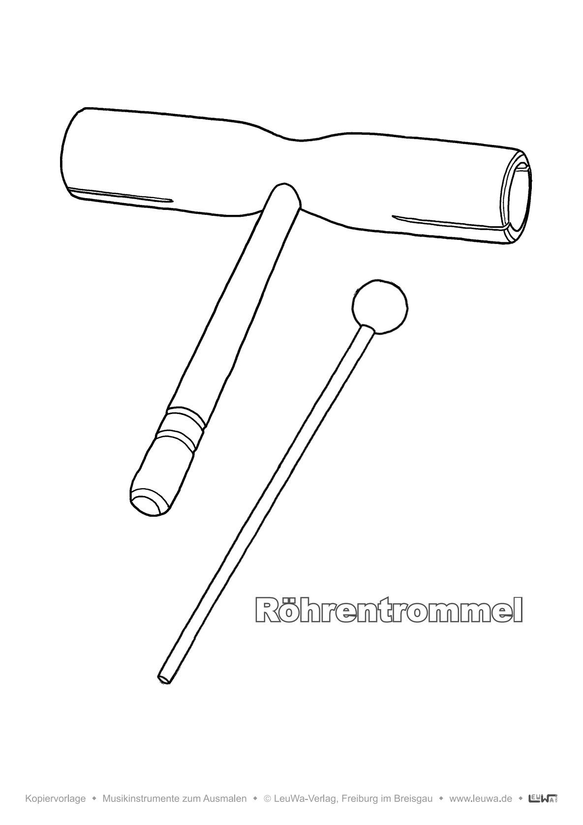 Musikinstrumente Ausmalbilder technisch genau und realistisch gezeichnet | Percussion | Malvorlage PDF für Röhrentrommel