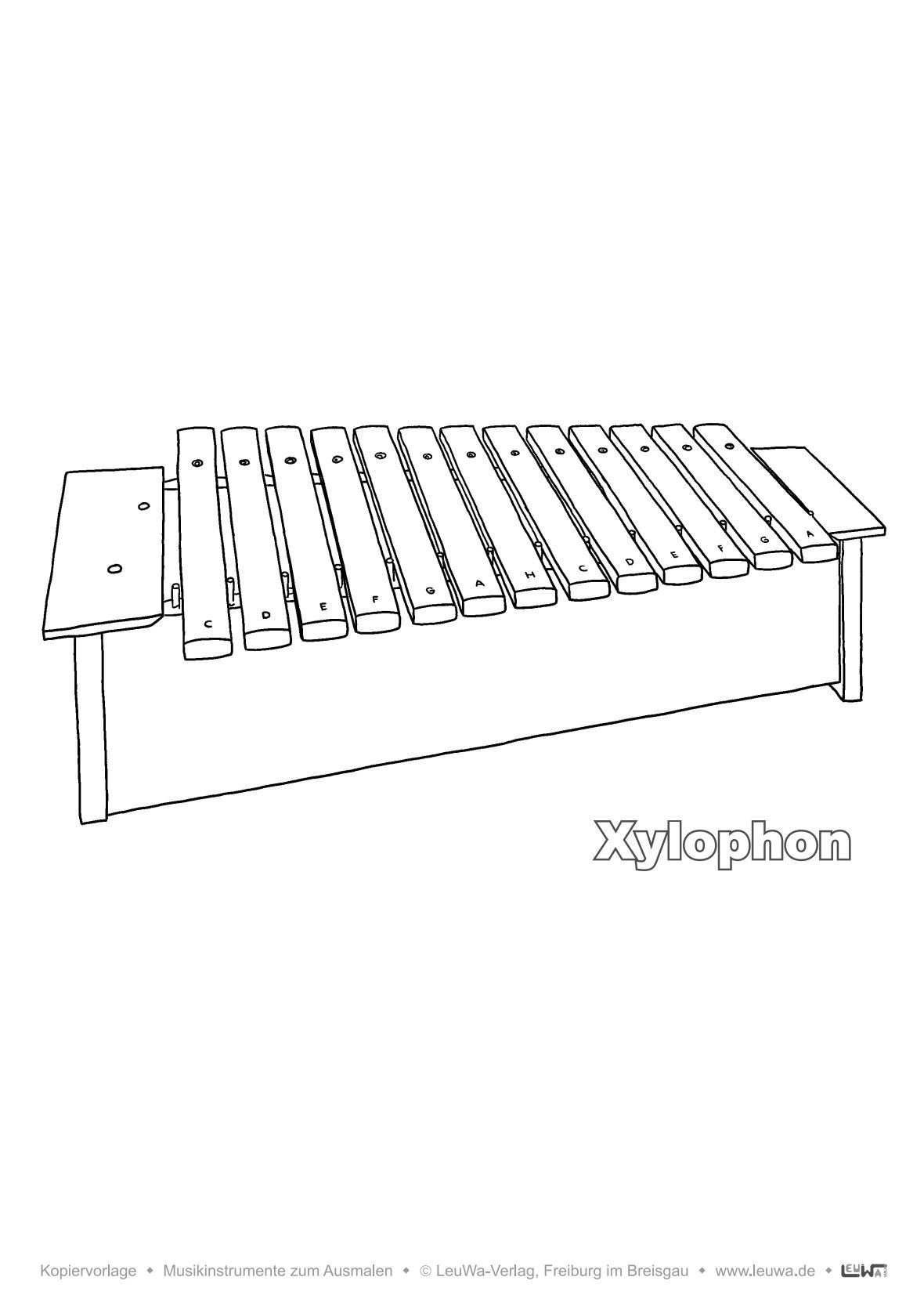 Musikinstrumente Ausmalbilder technisch genau und realistisch gezeichnet | Percussion | Malvorlage PDF für Xylofon