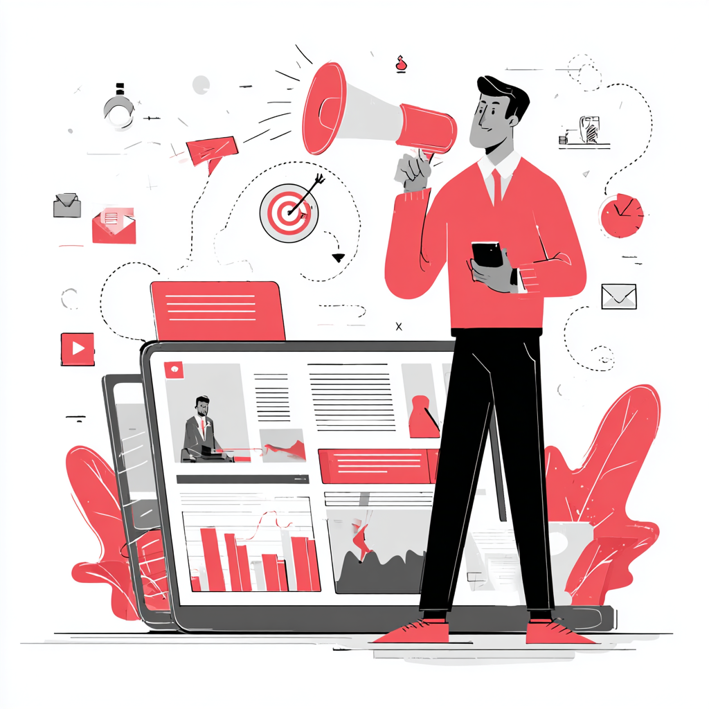 Digitales Marketing Digitales Marketing: Ein Mann mit Megafon macht Werbung. IT-Equipments im Hintergrund