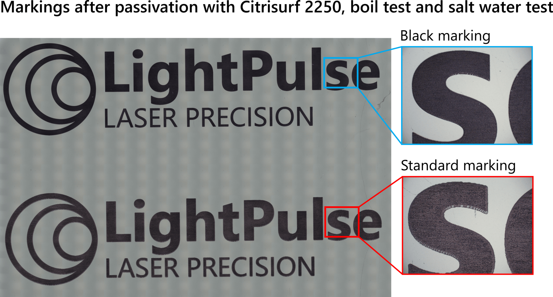 Tested sample after passivation and corrosion test Black marking after passivation